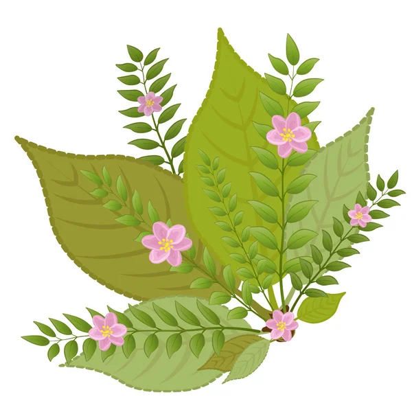 Yapraklardan bir çelenk ve küçük pembe çiçekler — Stok Vektör