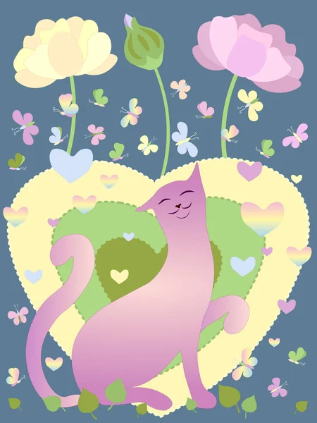 Niedliche Katze mit Blumen und Herzen. Gute Stimmung und Positives. — Stockvektor