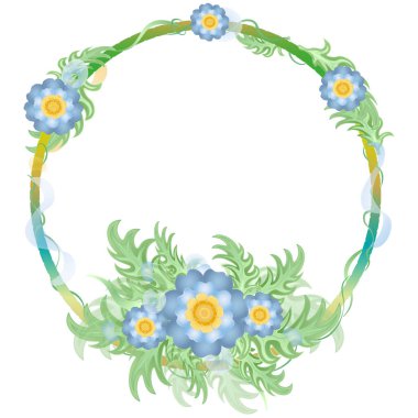 Yeşil ve mavi çiçekli yuvarlak çelenk.