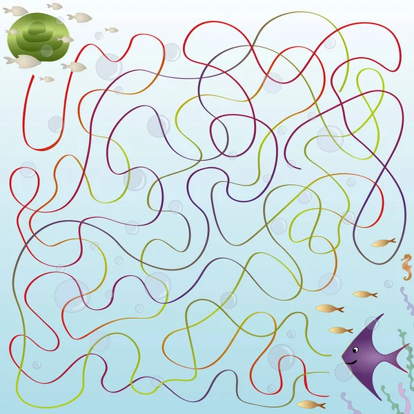 Kreskówka Ilustracja edukacji labirynt lub labirynt gry dla dzieci w wieku przedszkolnym z zabawną rybą. — Zdjęcie stockowe