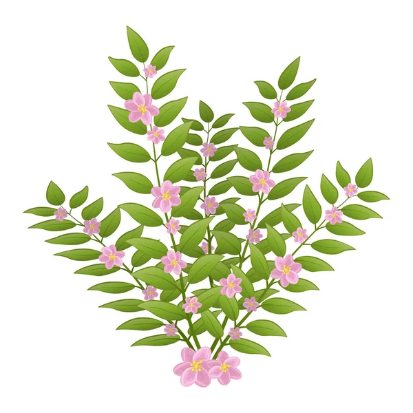Un arbusto con hojas verdes. Rayo de ramas. Hojas y pequeñas flores rosadas — Vector de stock