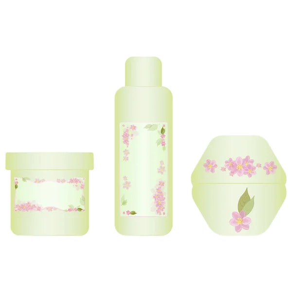 Flessen voor cosmetica. Het onderwerp ecologie. Containers met floral label decoratie. Pastelkleuren — Stockvector