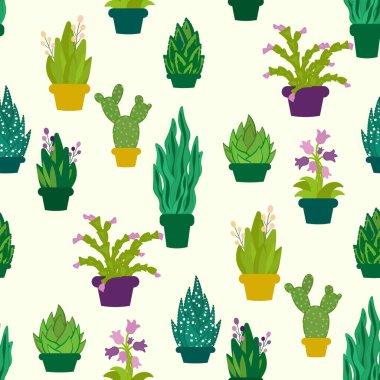 Saksıdaki ev bitkileri pürüzsüz bir desen. Kaktüs, agave