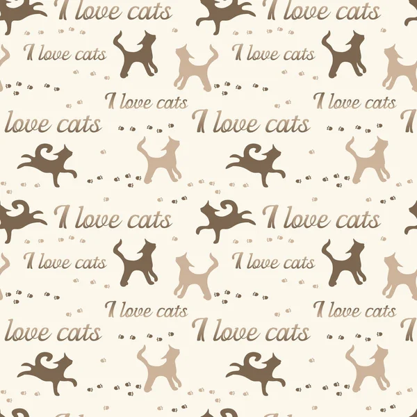 Wzór z kotami i napisem Uwielbiam koty w odcieniach brązu i beżu — Zdjęcie stockowe