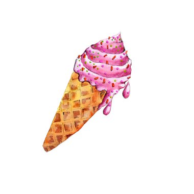 Waffle konili suluboya resimli meyve serin dondurma beyaz arka planda izole edilmiş stlek çizim