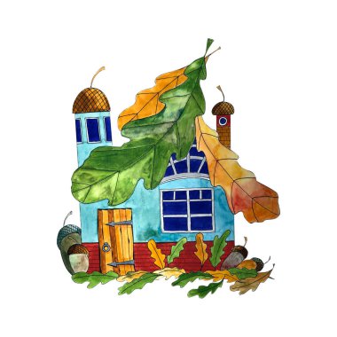 Palamut çatıları ve meşe yaprakları olan kırsal bir ev. Suluboya çizimi. Kağıtlar, davetiyeler, hatıra etiketleri için el yapımı tatlı bir ev. Beyaz arkaplanda izole