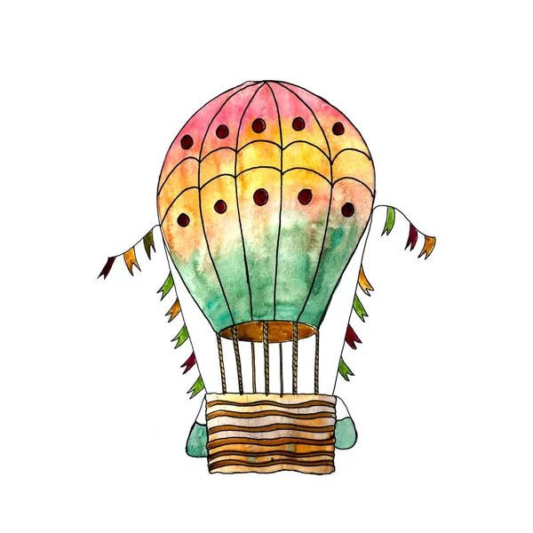 Watercolor illustration of a hot air balloon in vintage sketch style. Hand-drawn hot air balloon for your design, postcard, sticker, sticker. Isolated on white background