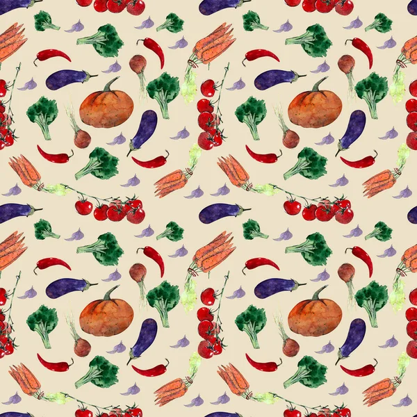 Wzór Bezszwowy Akwarela Dyniami Pomidorami Wiśniowymi Brokułami Tekstura Scrapbookingu Papieru — Zdjęcie stockowe