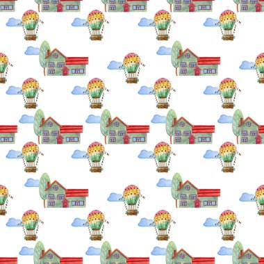 Romantik balonları, kulübeleri ve bulutları olan suluboya desenler. Suluboya çizimleri. Hatıra defteri, paket kağıdı, davetiyeler için doku.