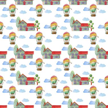 Romantik balonları, kulübeleri ve bulutları olan suluboya desenler. Suluboya çizimleri. Hatıra defteri, paket kağıdı, davetiyeler için doku.