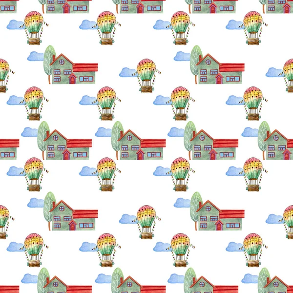 Romantik balonları, kulübeleri ve bulutları olan suluboya desenler. Suluboya çizimleri. Hatıra defteri, paket kağıdı, davetiyeler için doku.