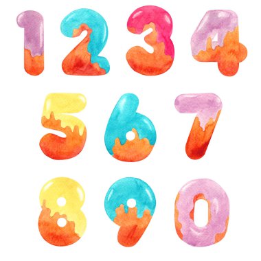 Donut numaraları 0 'dan 9' a alfabe seti. Tatlı pişmiş güzel çizgi film yazı tipi. Yaratıcı akvaryumlu çörekler beyaz arka planda izole edilmiş tipografi tasarımı. Şekerlemeler stilize edilmiş.