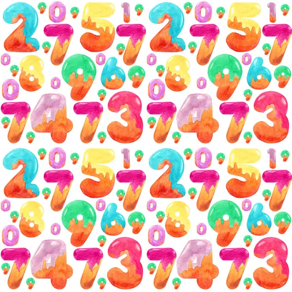 Seamless background with colorful numbers. Background with hand drawn watercolor numbers for fabric, banner, wrapping paper, bedding, wallpaper. Doodle pattern with numbers.