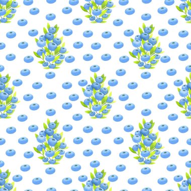 Yeşil yapraklı ve mavi yaban mersinli yaz deseni. Beyaz arka planda elle çizilmiş suluboya çizimi. Ambalaj kağıdı veya tekstil için güzel bir illüstrasyon