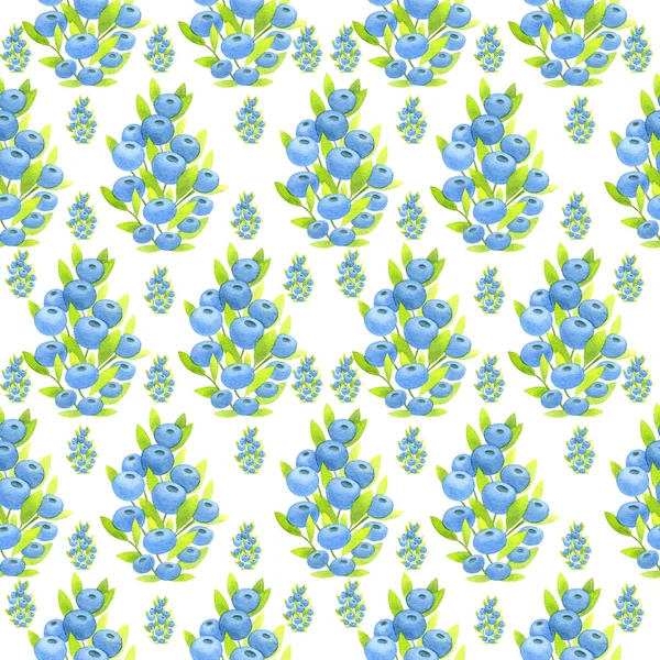 Summer bright pattern with green leaves and blue blueberries. Hand drawn watercolor illustration isolated on white background. Nice illustration for wrapping paper or textiles
