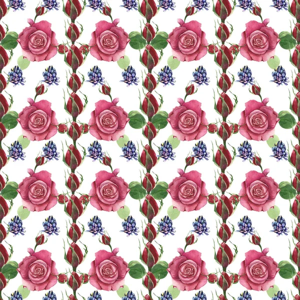 Sfondo Botanico Floreale Con Rose Rosse Acquerello Fiori Romantici Sfondo — Foto Stock