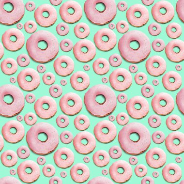 Açık yeşil arka planda gerçekçi çörekler olan parlak renkli bir arka plan. Davetiyeler, tebrik kartları, tekstil ürünleri, ambalaj kağıtları için nefis iştah açıcı dijital tasarım