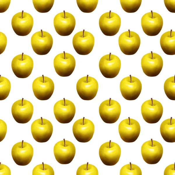 Bright appetizing background with realistic yellow golden ripe apples on a white background. Colorful digital design for invitations, or greeting cards, textiles, wrapping paper