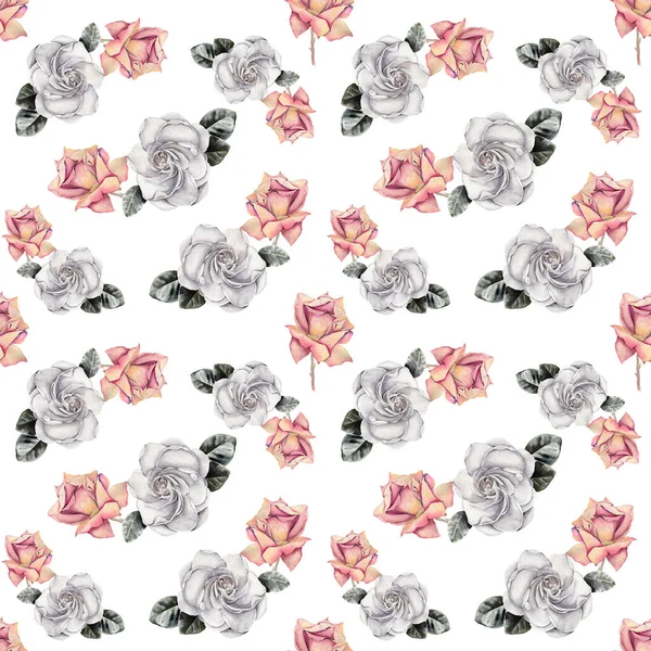 Botanikus Virágos Háttér Kaméliákkal Rózsákkal Akvarell Romantikus Virágok Fehér Háttérrel — Stock Fotó