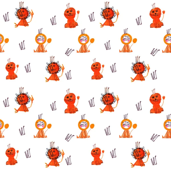 Bright childish pattern with orange lion and crown drawn in gouache, imitation of childish drawing, ideal for textiles, wrapping paper, invitations