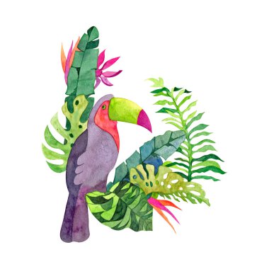 Tropikal ormanda tukan kuşu. parlak suluboya çizim. Tropikal ormanda kaplan. Tasarım, duvar kağıdı, ambalaj, tekstil, ambalaj tasarımı için yaratıcı çizimler.