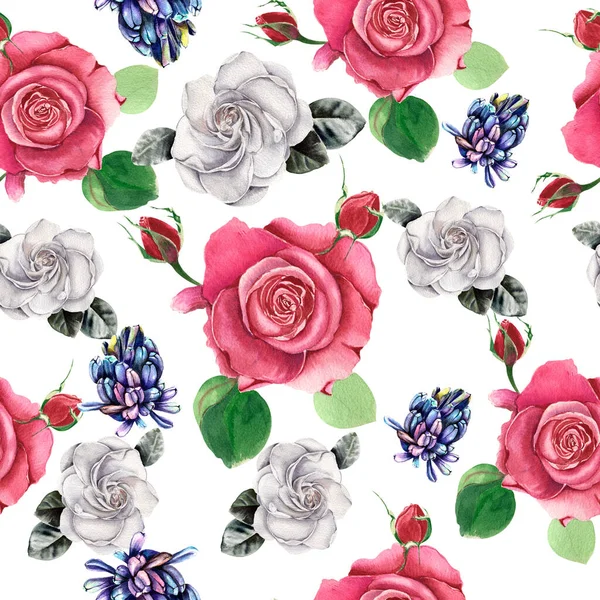 Υδατογραφία Αδιάλειπτη Μοτίβο Λουλούδια Στον Κήπο Ζωγραφισμένα Τριαντάφυλλα Καμέλιες Και — Φωτογραφία Αρχείου