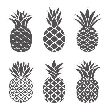 Beyaz ve siyah renklerde soyut ananas simgeleri. Modern, basit bir tarzda yaratıcı, düz ananas. Logo, sembol, tropik meyve amblemi veya simgesi. Vektör illüstrasyonu.