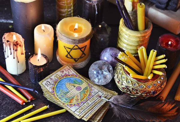 Magic objects, candles and tarot cards