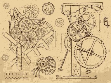 Retro mechanisms and machines in steampunk style 