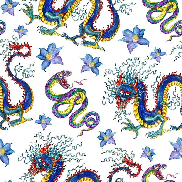 Seamless background with watercolor dragons, snakes