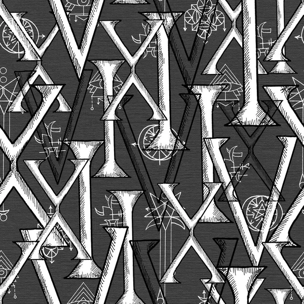 Seamless pattern with roman numeral or number and evil symbols on dark texture. Mystic background for Halloween, esoteric, gothic, occult concept