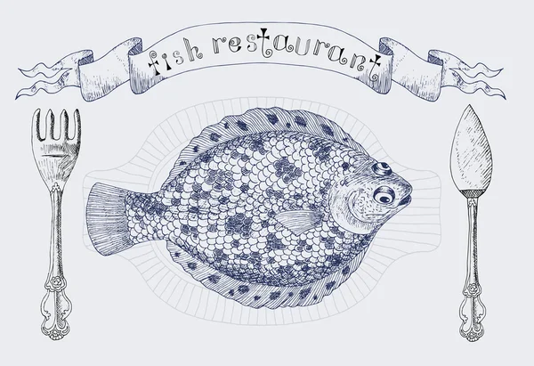 Vignette banner with plaice fish and cutlery — Stock Illustration Vignette banner with plaice fish and cutlery Stock Vector