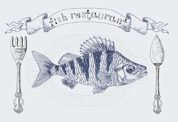 Vignette banner with crucian fish and cutlery Royalty Free Stock Vectors