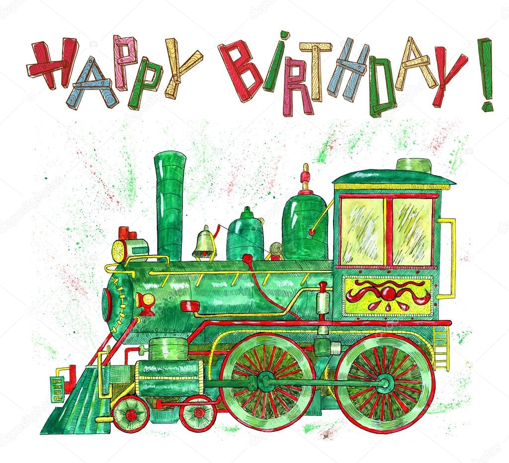 Happy Birthday Card With Green Train Stock Photo By C Samiramay Happy Birthday Card With Green Train Stock Photo By C Samiramay
