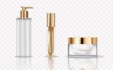 Kozmetik şişeleri. Serum, krem, şampuan ve merhem için lüks, gerçekçi altın ambalaj. Vektör kozmetik modeli şeffaf arkaplanda izole edildi