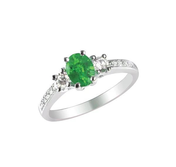 Vert émeraude bague de fiançailles de mode bague en diamant isolé sur blanc — Photo