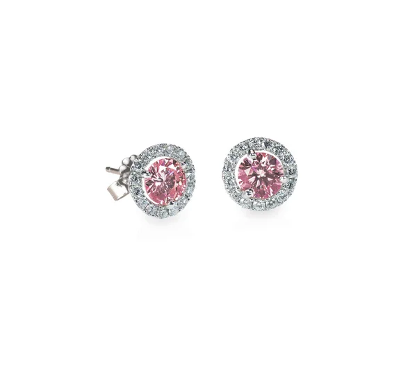 Na białym tle różowy diament Stud kolczyki pary — Zdjęcie stockowe