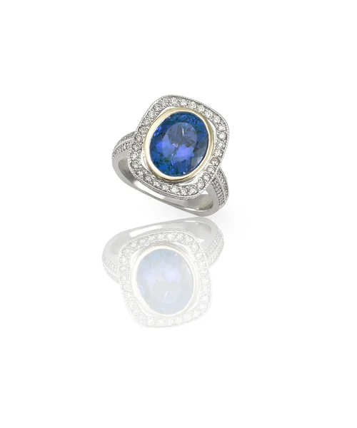 Batu safir yang indah dan berlian cincin pertunangan batu permata tengah batu — Stok Foto
