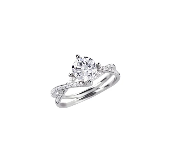 Anel de casamento de noivado de solitário de diamante isolado no branco — Fotografia de Stock