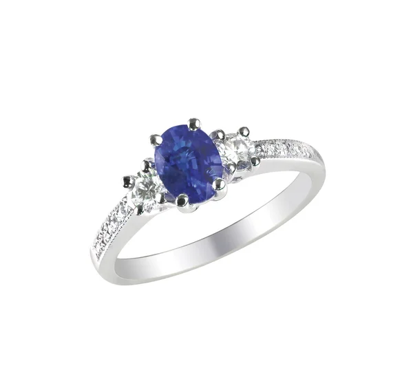 Linda safira e diamante anel de noivado pedra preciosa centro de casamento — Fotografia de Stock