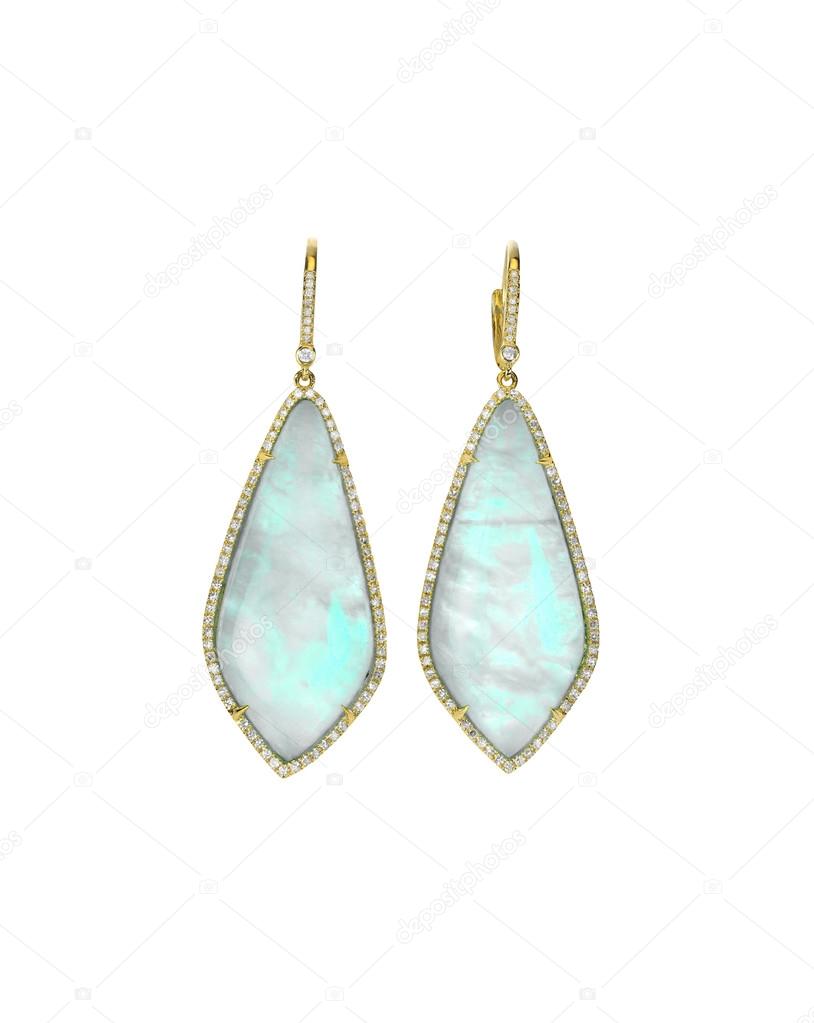 Opal gemstone and diamond earrings isolated on white