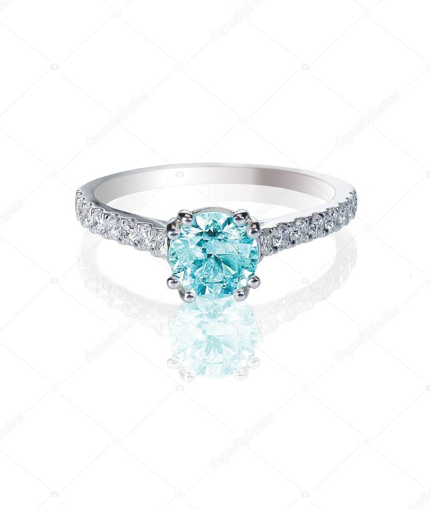 Blue Diamond engagement wedding ring colored diamond stone isolated on white
