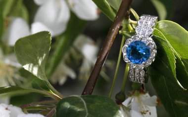 Mavi topaz elmas nişan alyans bir dalına yuvalanmış