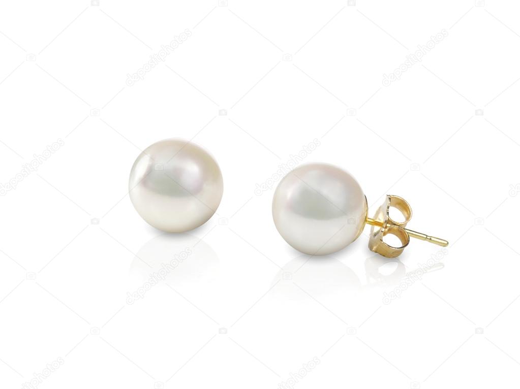 White pearl pierced earrings pair fine jewelry isolated on white