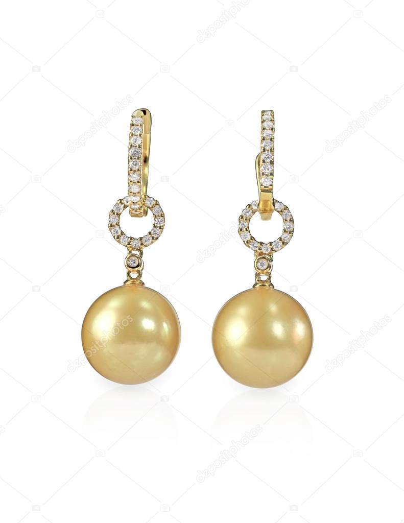 Yellow pearl and diamond earrings pair isolated on white
