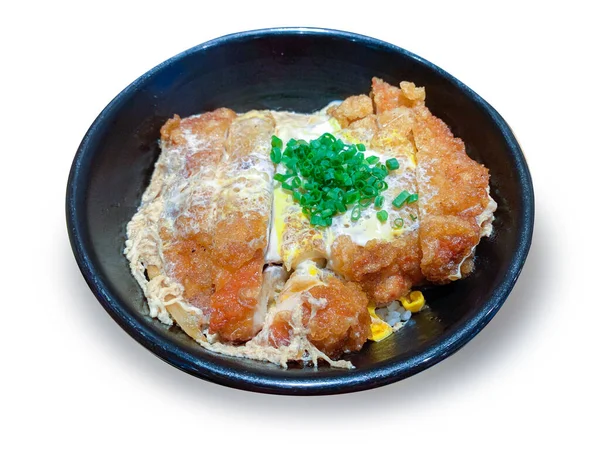 Cerdo Frito Katsudon Comida Japonesa Tazas Negras Sobre Fondo Blanco — Foto de Stock