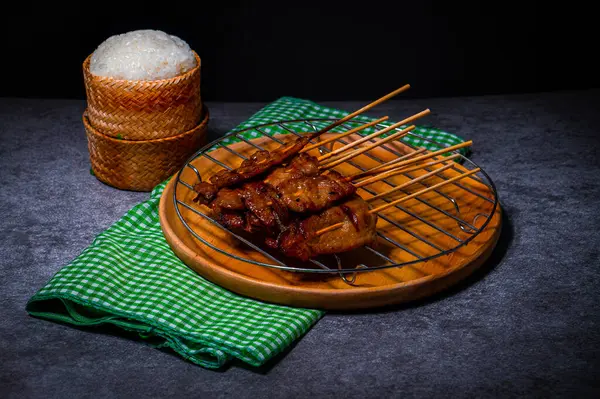 Grilled Pork Bamboo Skewers Placed Steel Grill Wooden Tray Sticky — Stock Photo, Image