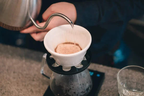 Pour the water in the cup set and the dripper for the coffee dripper.