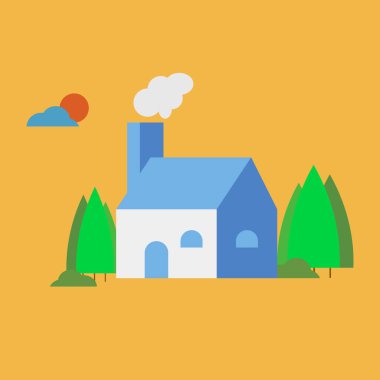 Çam ormanında güneş ve çimlerle kaplı bir ev..