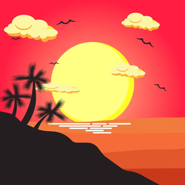 Sunset Beach Coconut Trees Rocks Birds Flying — Stock Vector